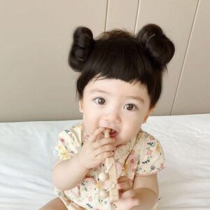 Synthetic Chignon for Baby Matte High Temperature Silk Hair Extension with Faux Bangs for Children Birthday Daily Wear