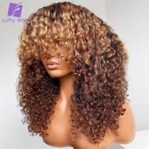 Ombre Colored Afro Kinky Curly Wigss With Bangs Full Machine Made Wigss Brazilian Remy Hair For Women