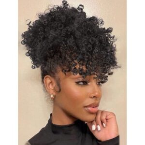 Afro Puff Drawstring with Bangs Pineapple Updo Hair for , Short Kinky Curly Ponytail Bun
