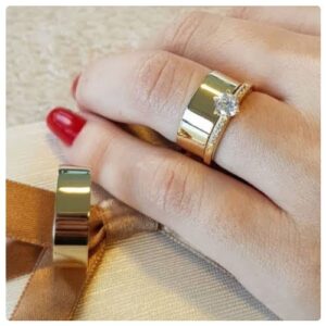 3pc. 8mm Width Stainless Steel Gold Tone Alloy Engagement Wedding Ring Set