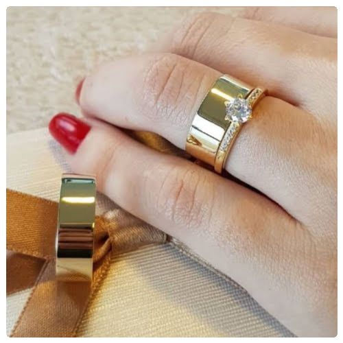 3pc. 8mm Width Stainless Steel Gold Tone Alloy Engagement Wedding Ring Set