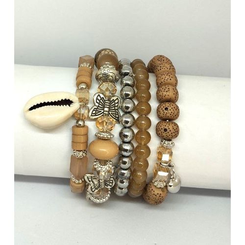5 In 1 Multilayer Bead Bracelet Set - Brown