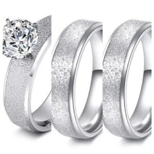 3pc. 6mm Width Frosted Stainless Steel Wedding Ring Set
