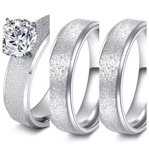 3pc. 6mm Width Frosted Stainless Steel Wedding Ring Set