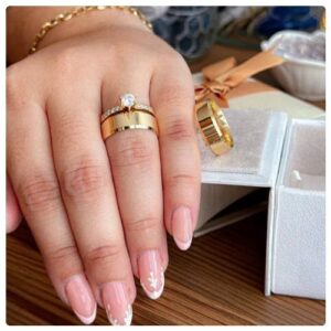 3pc. 8mm Width Stainless Steel Gold Tone Wedding Ring Set