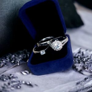 Angelix Sapphire Couples Silver Diamond Wedding Ring Set