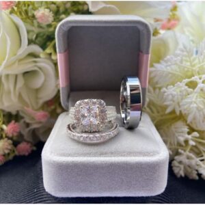American Collection Original Non Rusting Silver Diamond Wedding Ring Set