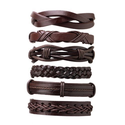 6PCS/SET Multilayer Men Solid PU Leather Braided Bracelet Best Birthday Gift Coffee