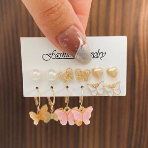 6 Pairs Butterfly Pearl Airy Earrings Set