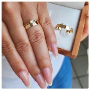 3pc. 4mm Flat Stainless Steel Gold Tone Wedding Ring Set