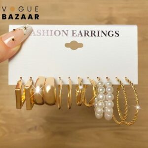 6 Pairs Pcs Gold Large Big Circle Hoop  Pearl Earrings Set For Women, Different Size