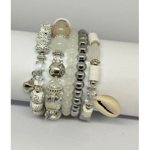 5 In 1 Multilayer Bead Bracelet Set - White And Silver