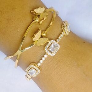 2 In 1 Bracelet/Bangle Set For Women- Gold (B,Cz)