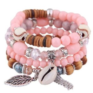 4Pcs/Set Bohemian Women Cowrie Shell Leaf Charm-Lotus Pink