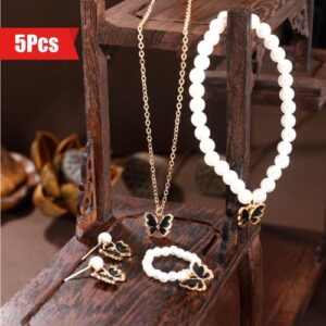 Butterfly Pendant Necklace+Imitation Pearl Butterfly Bracelet+Butterfly Earrings+Imitation Pearl Butterfly Ring Jewelry Set