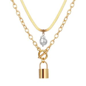 2pcs/set Stacking Necklace, Special-shaped Bead Snake Necklace + Lock Pendant