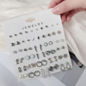 30 Pairs Of Fashion Earring Set Pearl Crystal Ear Studs Silver
