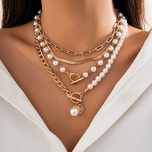 4 Pieces Women's Jewelry Pearl Necklaces Set - Gold