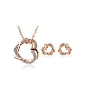 2 In 1 Ladies Crystal Double Heart Necklace Earrings Set