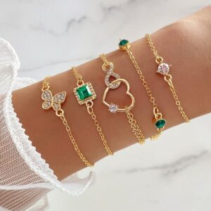 5 In 1 Ladies Crystal Love Heart Butterfly Bracelet Set