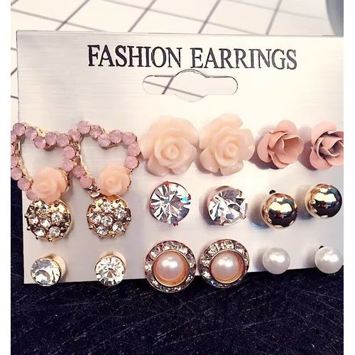 Berrykey Flower Jewelry Set Earrings 9 Pairs Fashion Diamond Pearls