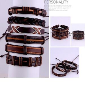 6PCS/SET Multilayer Men Solid PU Leather Braided Bracelet