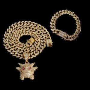 3pieces Set Cuban Bracelet, Cuban Chain And Iced Clown Pendant