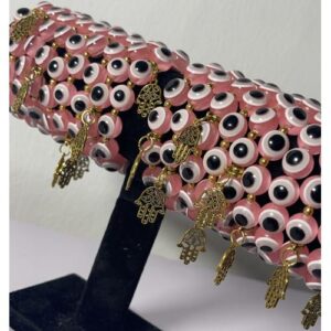 2pcsPink Blue Eye Bracelet With Hand Of Hamsa Tassel Charms Hand Beaded Bracelets  Set