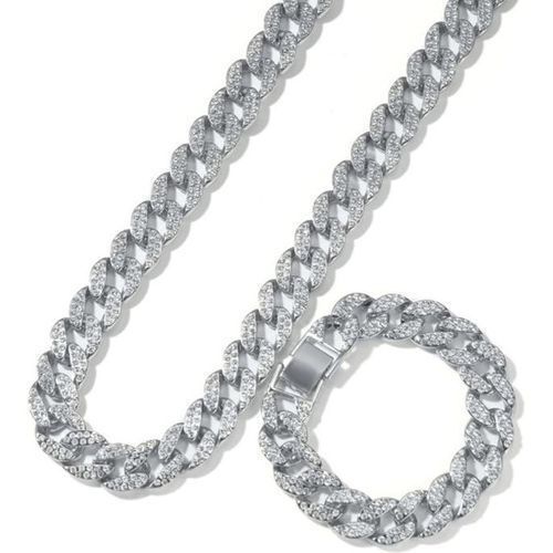 2pcs Set Men Hip Hop Iced Out Bling Chain Necklace Bracelets 15mm Width Miami Cuban Chains